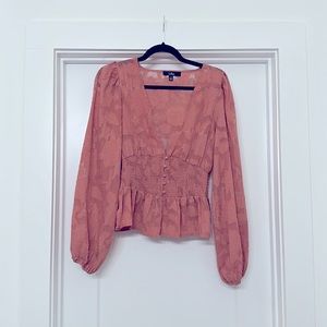 Patio Date Rusty Rose Floral Jacquard Button-Up Long Sleeve Top